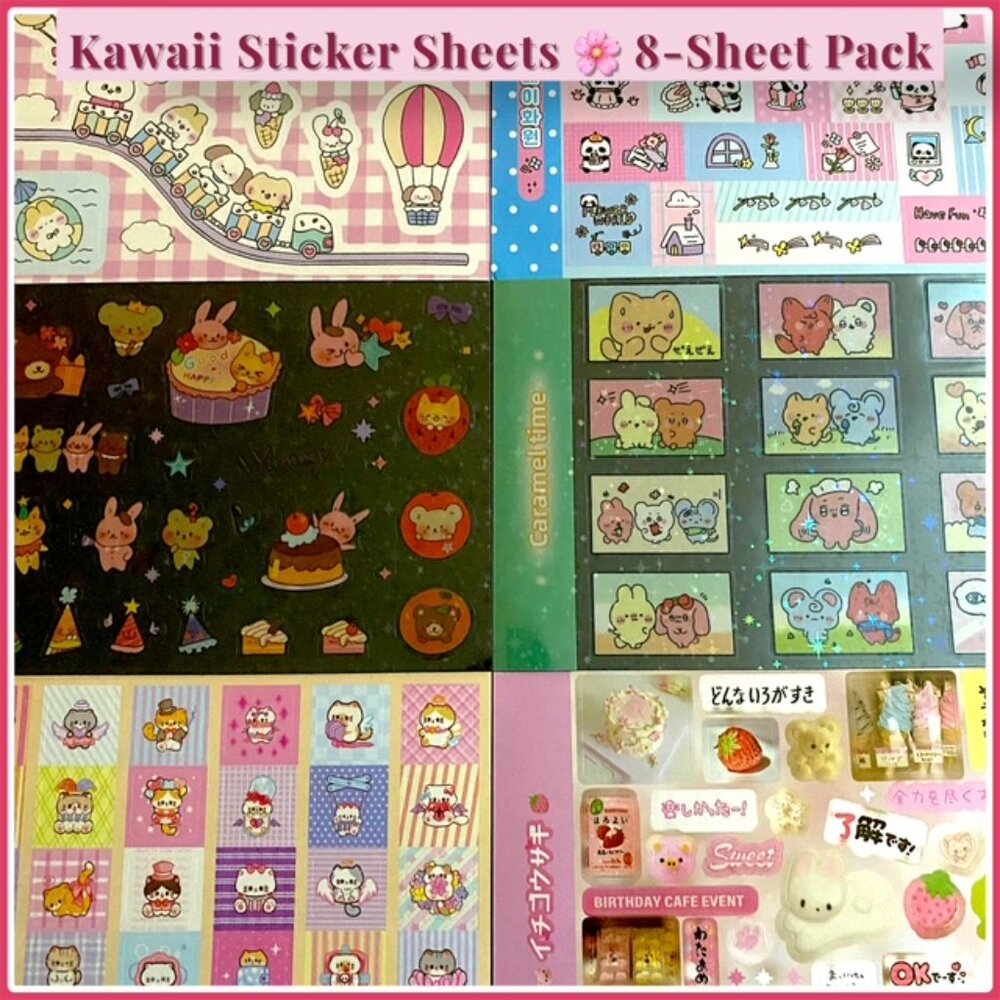 Kawaii Sticker Sheets ✿ Cute Pastel Café Journaling Stickers (8-Pack)